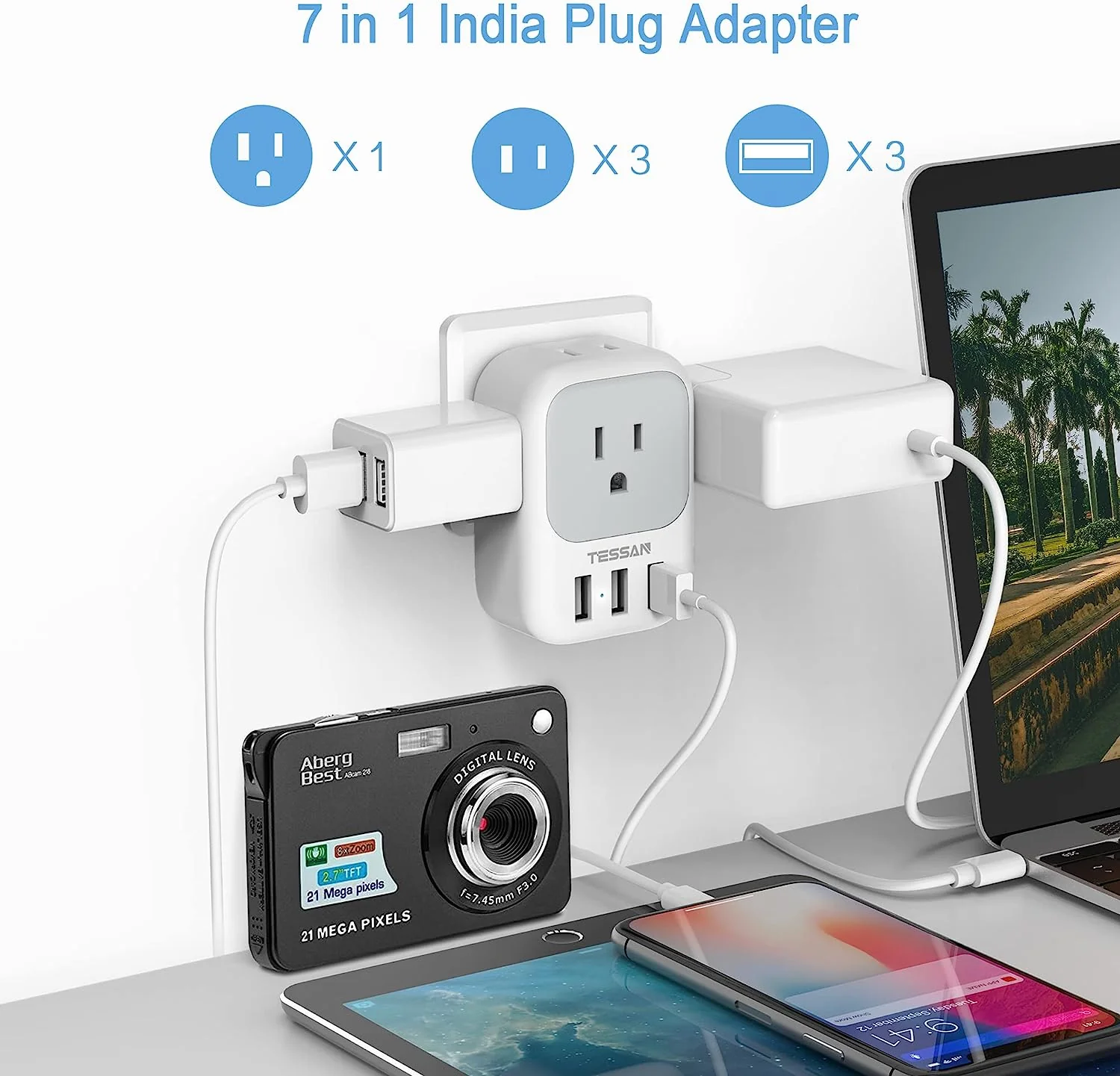 TESSAN US to India Plug Adapter with 4 AC Outlets 3 USB Charging Ports - Image 3