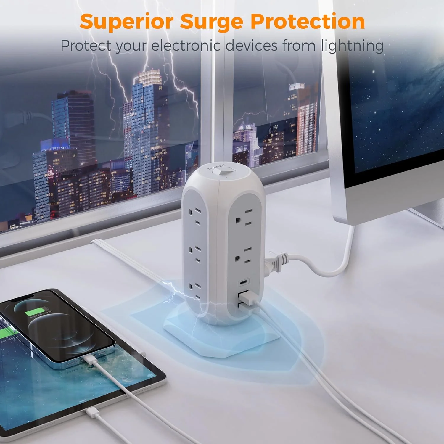 TESSAN Tower Power Strip Flat Plug 6FT with 11 Outlets 3 USB (1 USB C) - Image 4