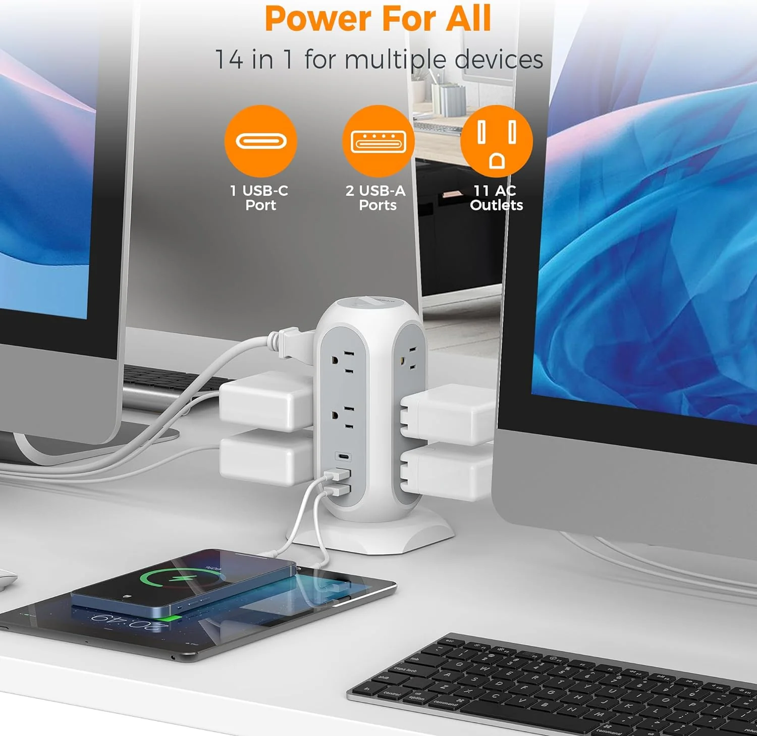TESSAN Tower Power Strip Flat Plug 6FT with 11 Outlets 3 USB (1 USB C) - Image 6