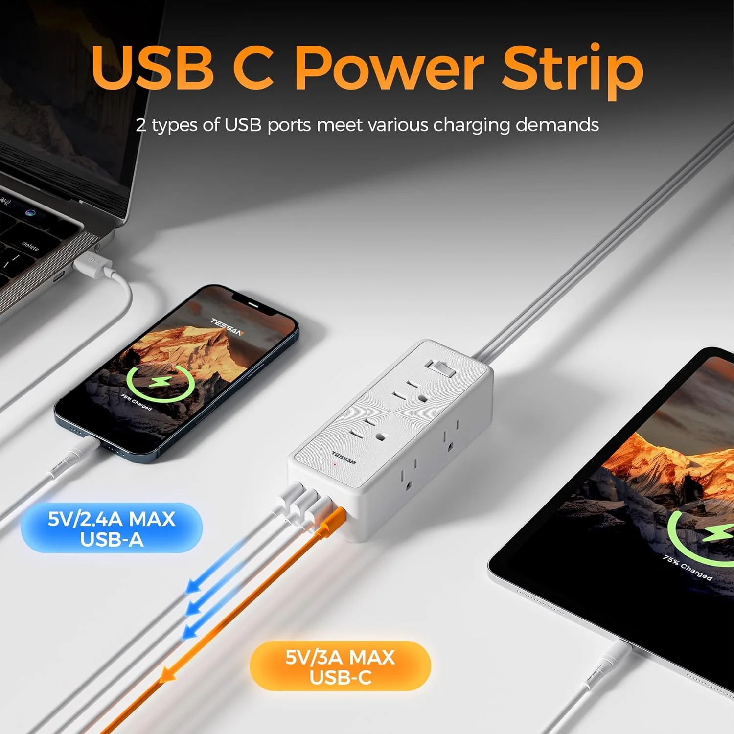 TESSAN Ultra Thin Flat Plug 5 ft with 6 AC Outlets 4 USB (1 USB C) Ports - Image 3