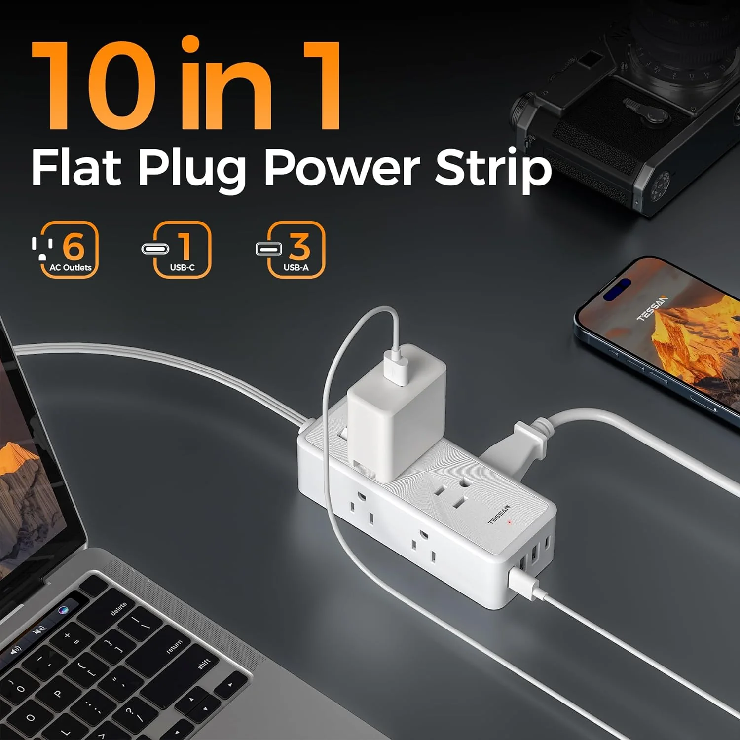 TESSAN Ultra Thin Flat Plug 5 ft with 6 AC Outlets 4 USB (1 USB C) Ports - Image 5